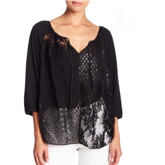 Johnny Was Tops - Johnny Was Mixed Media Split Neck Top
